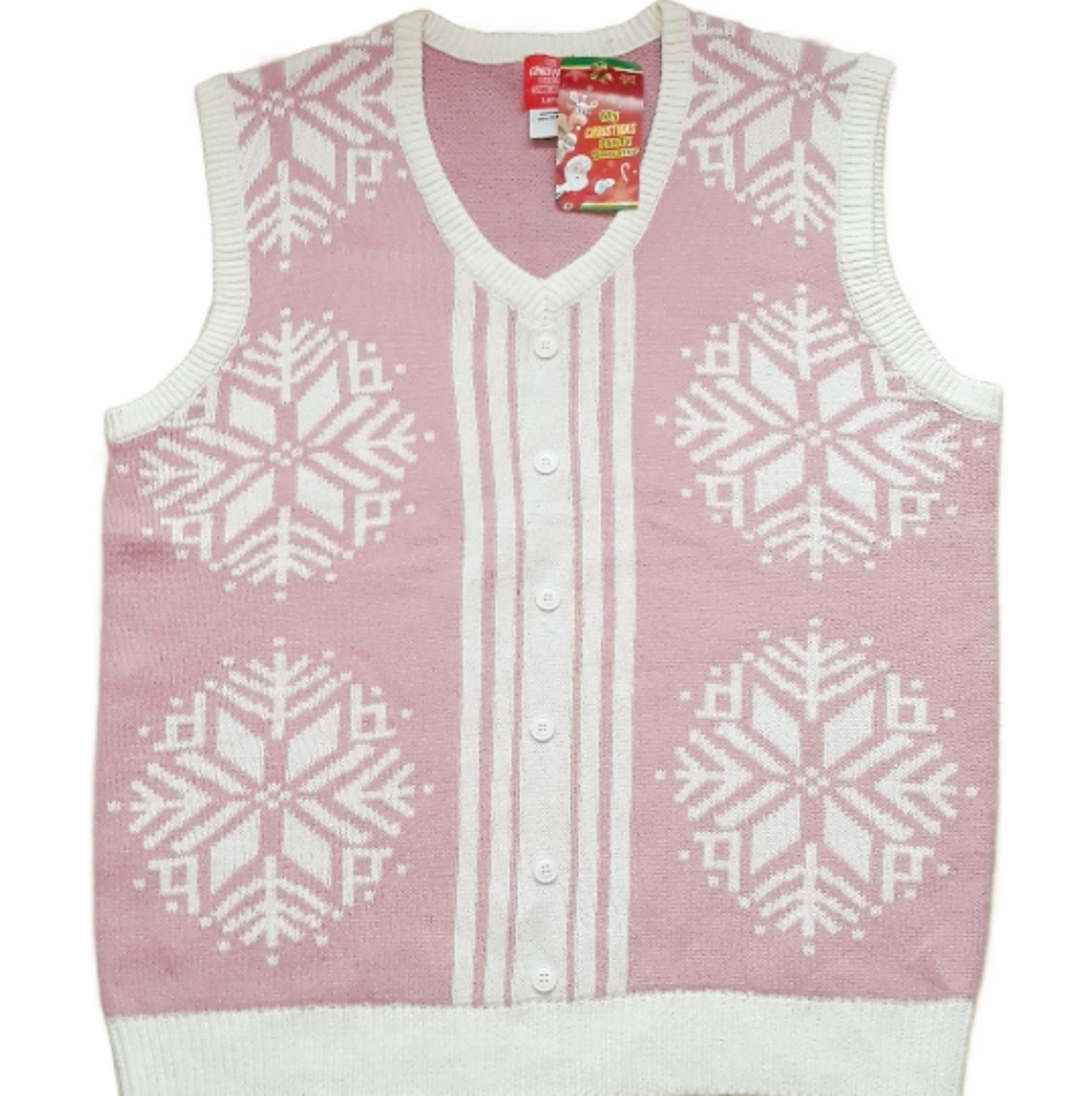 Snowflake Pullover Knit Sweater Vest - Size Large Cozy Pink Vest